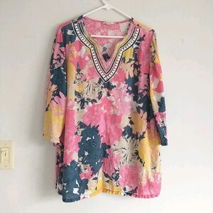 Charter Club Luxury Linen Tunic Top Blouse Womens XL Floral Beaded Colorful